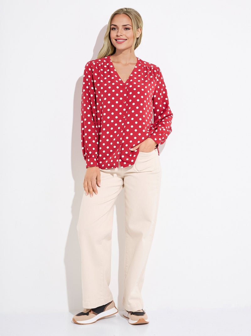 Blusa de manga larga con estampado de lunares y cuello en V - Afibel Burdeos - Kiabi