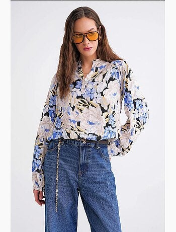 Blusa de manga larga con estampado floral y cuello mao mixray