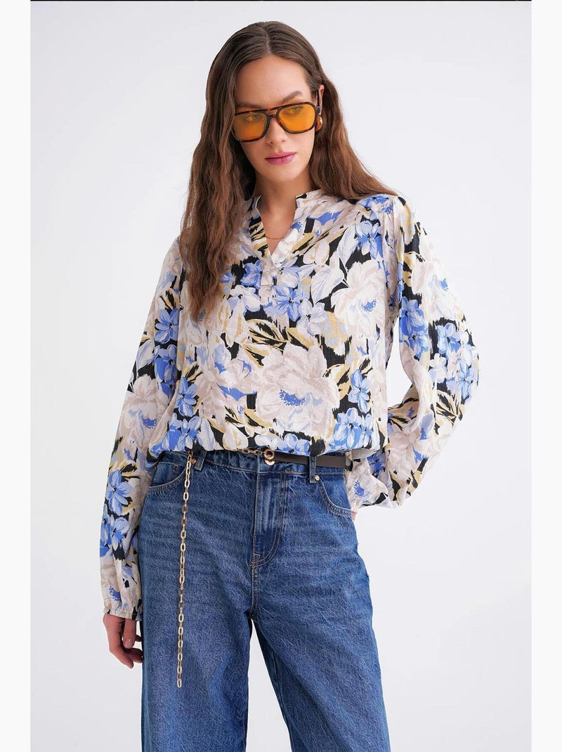 Blusa de manga larga con estampado floral y cuello mao mixray Azul claro - Kiabi