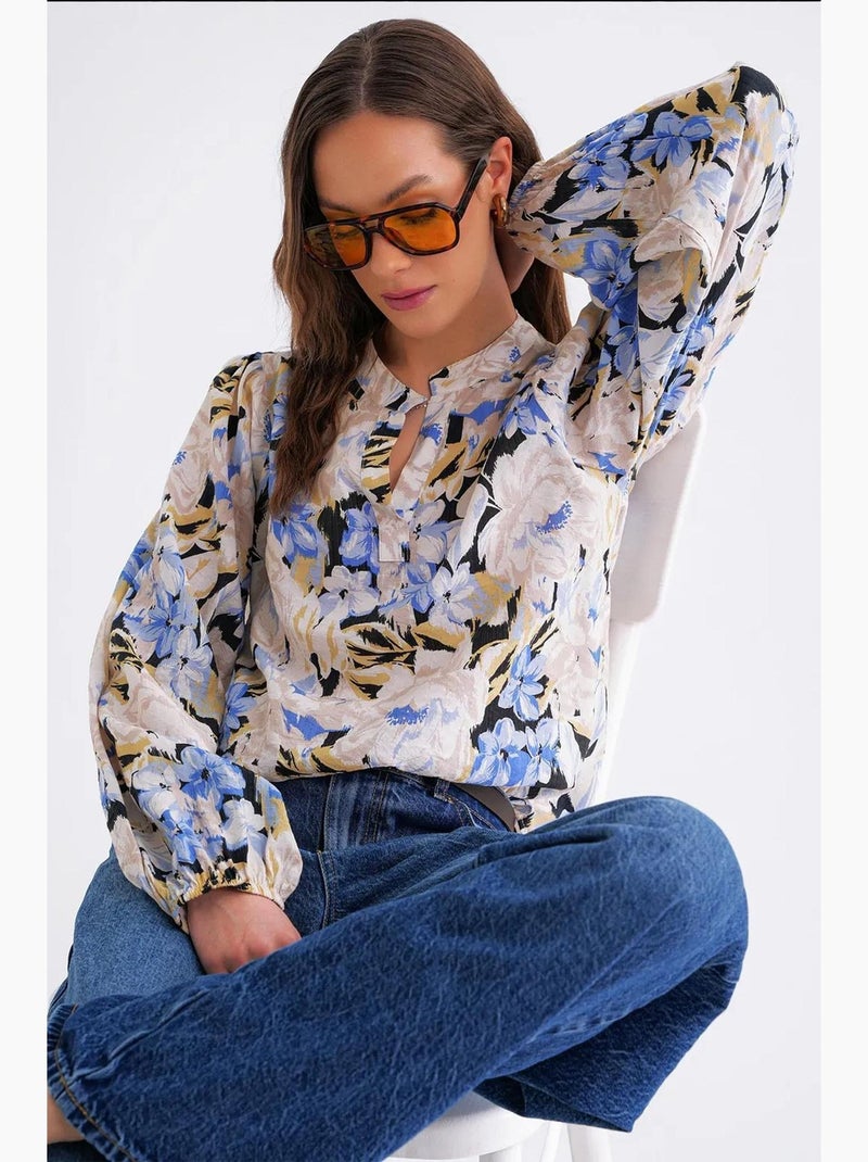 Blusa de manga larga con estampado floral y cuello mao mixray Azul claro - Kiabi