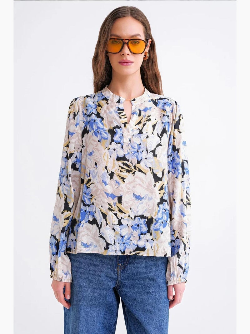 Blusa de manga larga con estampado floral y cuello mao mixray Azul claro - Kiabi