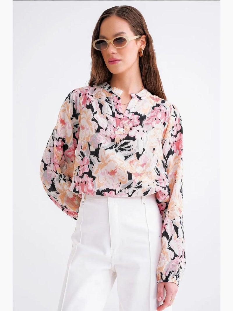Blusa de manga larga con estampado floral y cuello mao mixray Rosa pálido - Kiabi