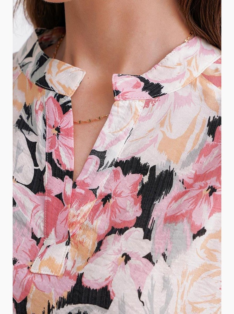 Blusa de manga larga con estampado floral y cuello mao mixray Rosa pálido - Kiabi