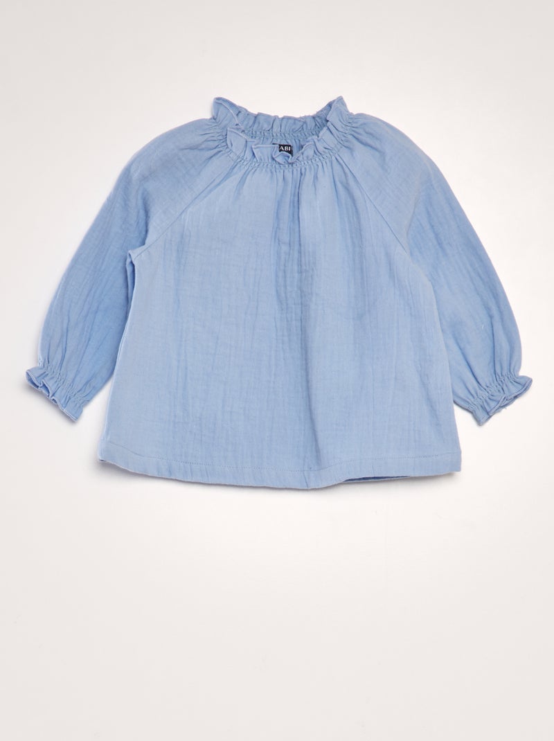 Blusa de manga larga con volante en el cuello AZUL - Kiabi