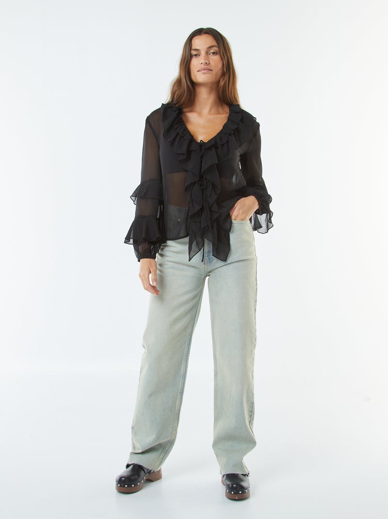 Blusa de manga larga con volantes negro - Kiabi