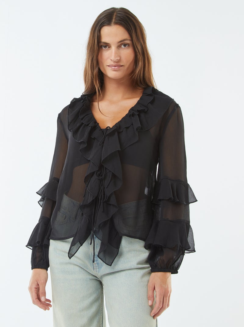 Blusa de manga larga con volantes negro - Kiabi