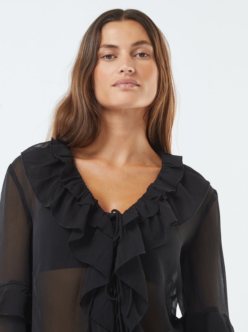 Blusa de manga larga con volantes negro - Kiabi