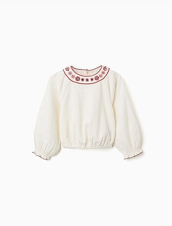 Blusa de manga larga de algodón con cuello bordado