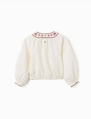 Blusa de manga larga de algodón con cuello bordado