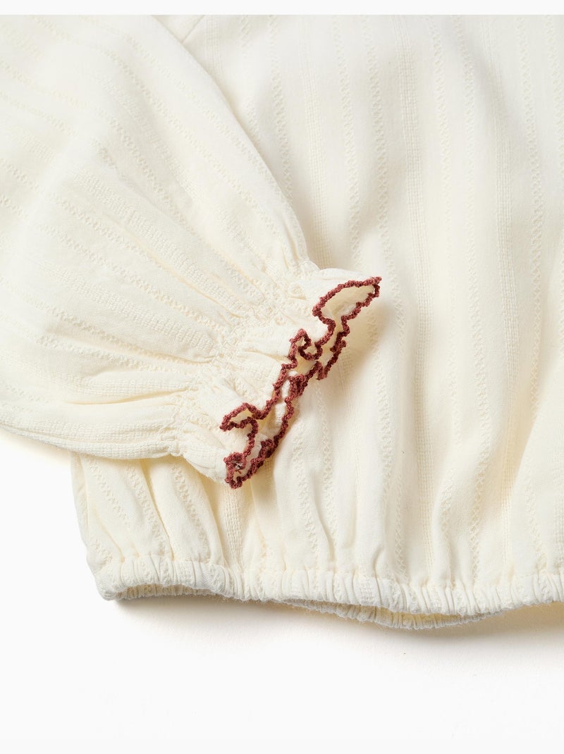 Blusa de manga larga de algodón con cuello bordado Blanco - Kiabi
