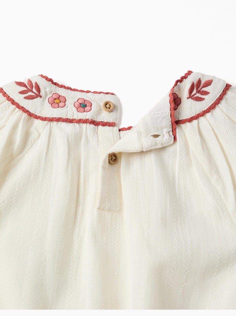 Blusa de manga larga de algodón con cuello bordado Blanco - Kiabi