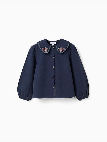 Blusa de manga larga de algodón con flores bordadas