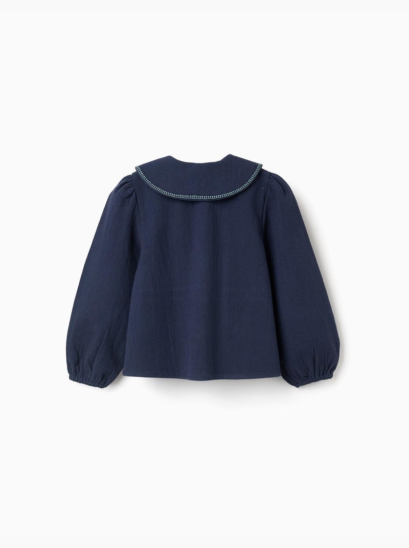 Blusa de manga larga de algodón con flores bordadas Azul oscuro - Kiabi