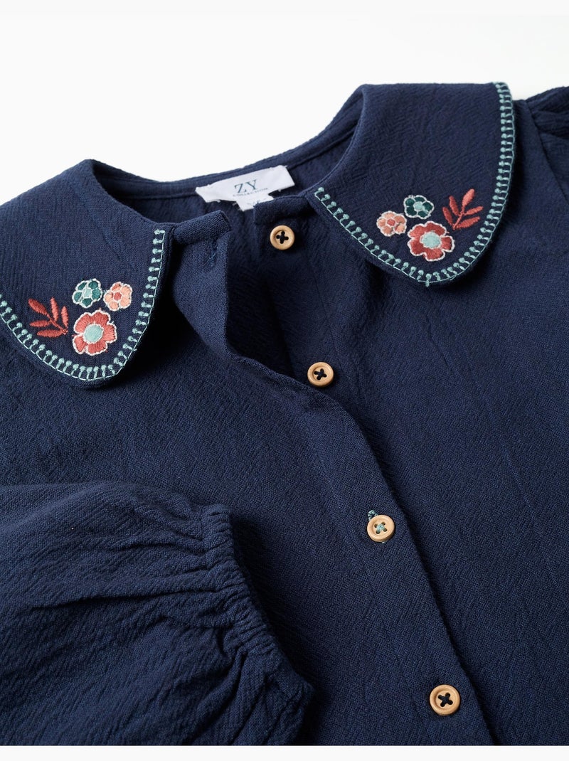 Blusa de manga larga de algodón con flores bordadas Azul oscuro - Kiabi