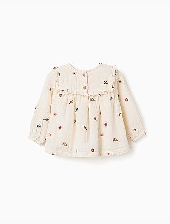 Blusa de manga larga de algodón con flores bordadas