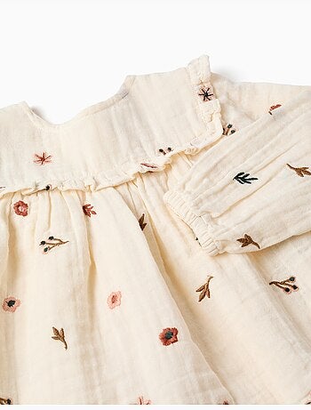Blusa de manga larga de algodón con flores bordadas