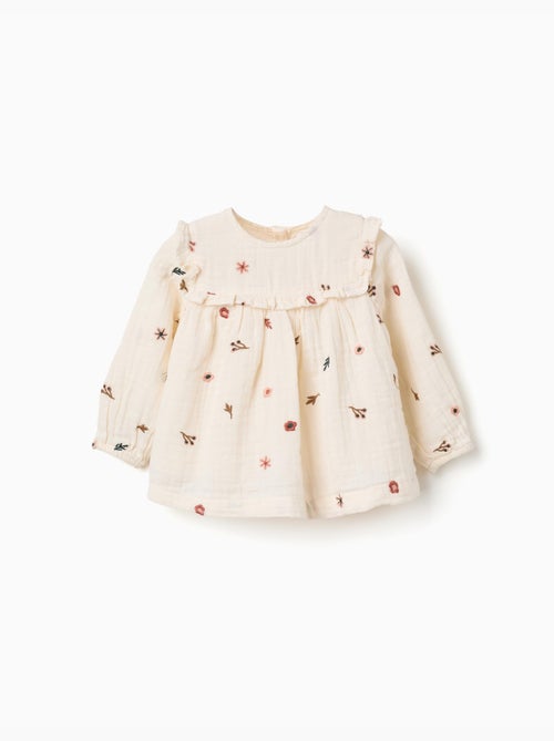 Blusa de manga larga de algodón con flores bordadas - Kiabi