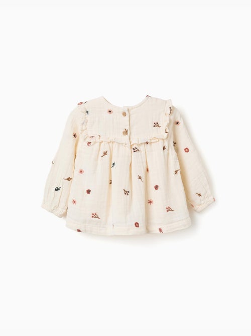 Blusa de manga larga de algodón con flores bordadas - Kiabi