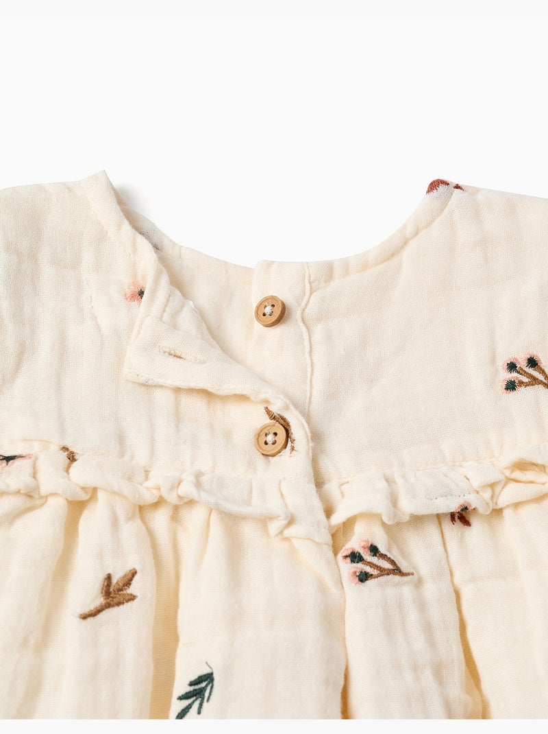 Blusa de manga larga de algodón con flores bordadas Blanco - Kiabi