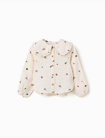 Blusa de manga larga de algodón con flores bordadas