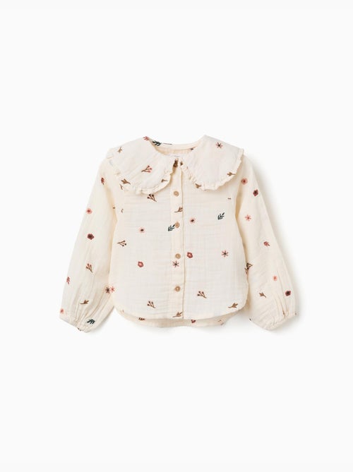 Blusa de manga larga de algodón con flores bordadas - Kiabi Blusa de manga larga de algodón con flores bordadas - Kiabi