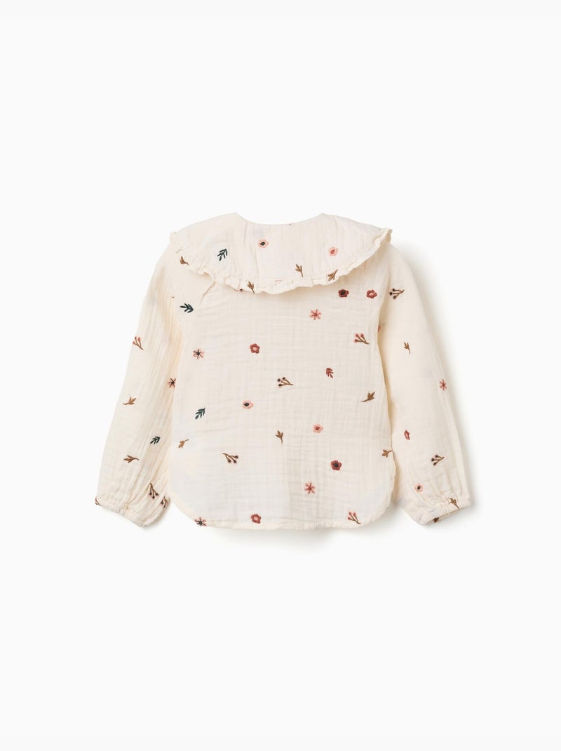 Blusa de manga larga de algodón con flores bordadas Blanco - Kiabi