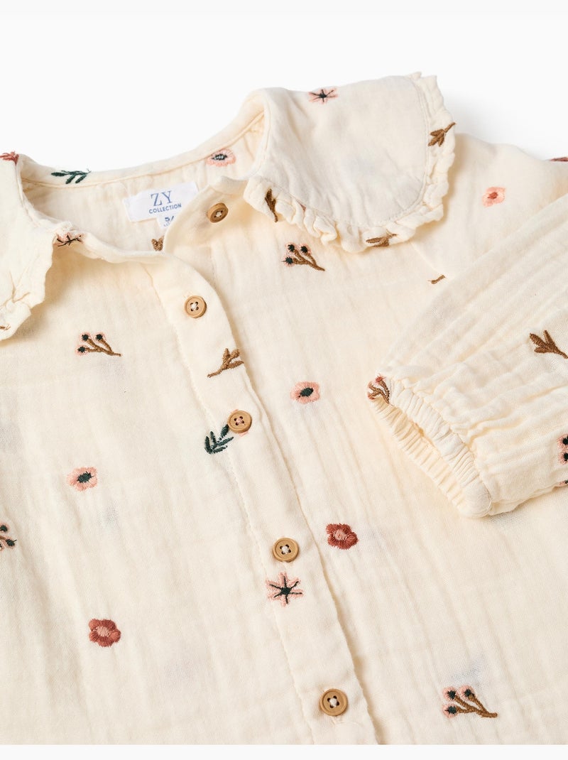 Blusa de manga larga de algodón con flores bordadas Blanco - Kiabi