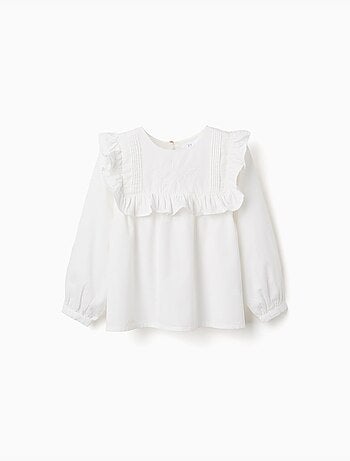 Blusa de manga larga de algodón con volantes y bordado