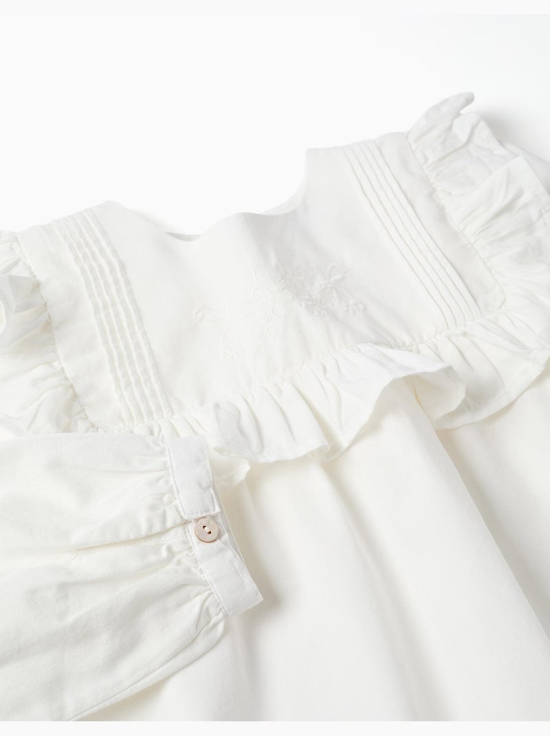Blusa de manga larga de algodón con volantes y bordado Blanco - Kiabi