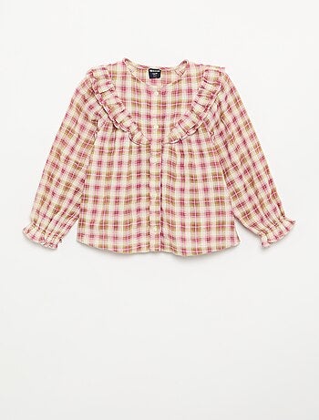 Blusa de manga larga de gasa de algodón con volantes