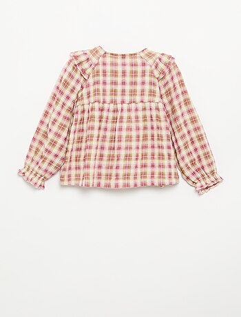 Blusa de manga larga de gasa de algodón con volantes