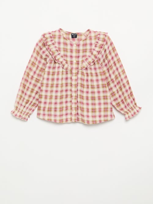 Blusa de manga larga de gasa de algodón con volantes - Kiabi
