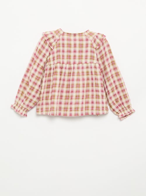 Blusa de manga larga de gasa de algodón con volantes - Kiabi