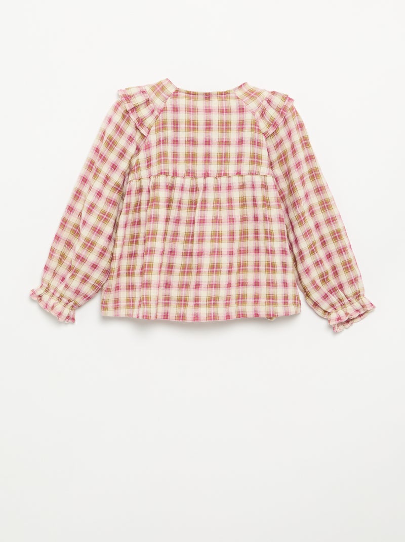Blusa de manga larga de gasa de algodón con volantes Rosa - Kiabi