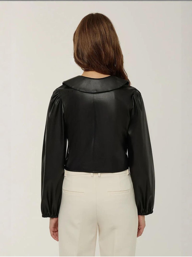 Blusa de manga larga de piel sintética con lazo hiccup Negro - Kiabi