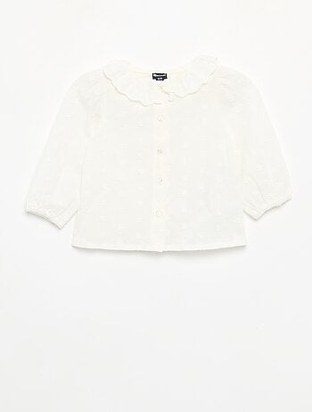Blusa de manga larga de velo de algodón con flores bordadas
