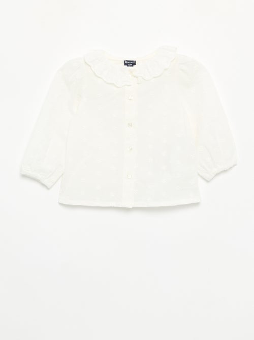 Blusa de manga larga de velo de algodón con flores bordadas - Kiabi