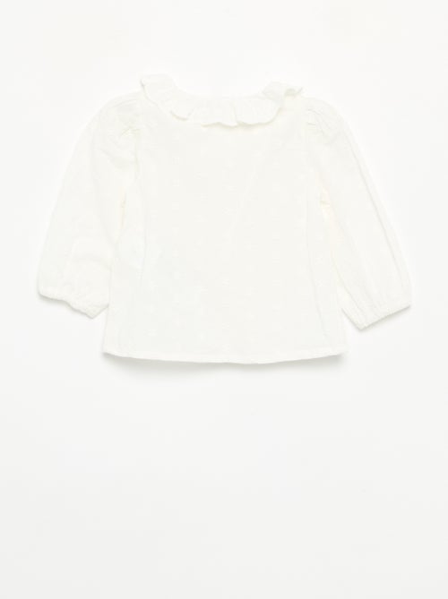 Blusa de manga larga de velo de algodón con flores bordadas - Kiabi