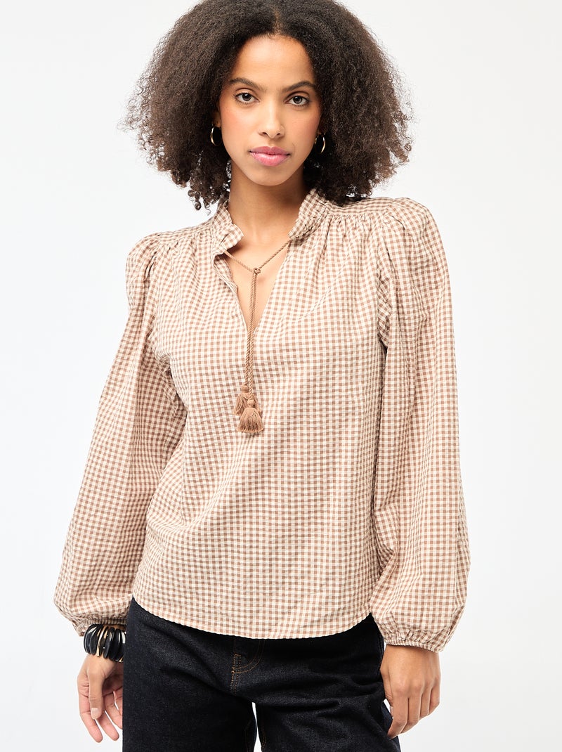 Blusa de manga larga estampado de cuadros Beige - Kiabi