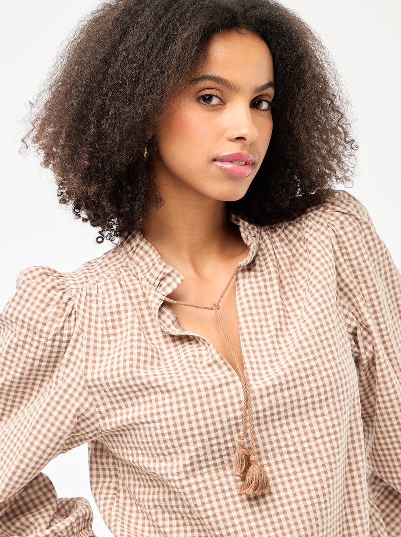 Blusa de manga larga estampado de cuadros Beige - Kiabi