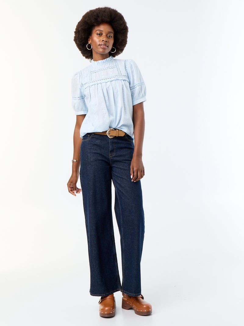 Blusa de mangas cortas con bordados Azul - Kiabi