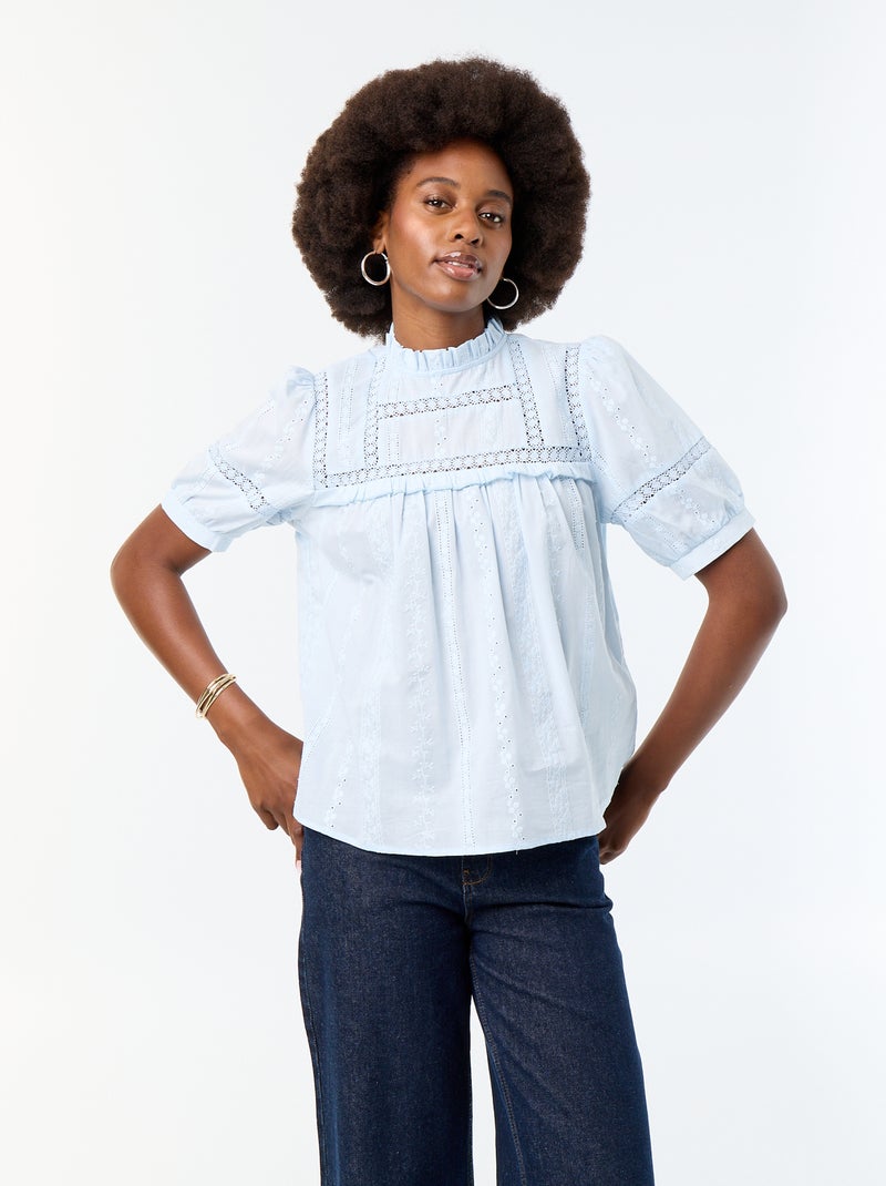 Blusa de mangas cortas con bordados Azul - Kiabi