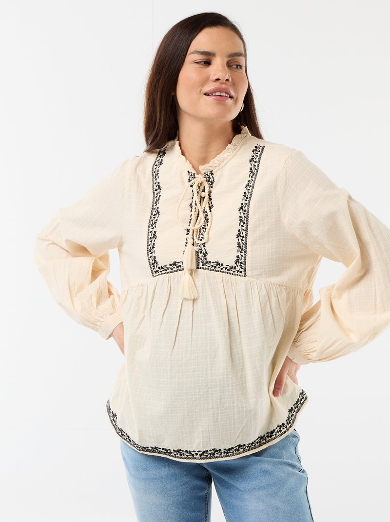 Blusa de maternidad bordada de gasa de algodón Blanco - Kiabi