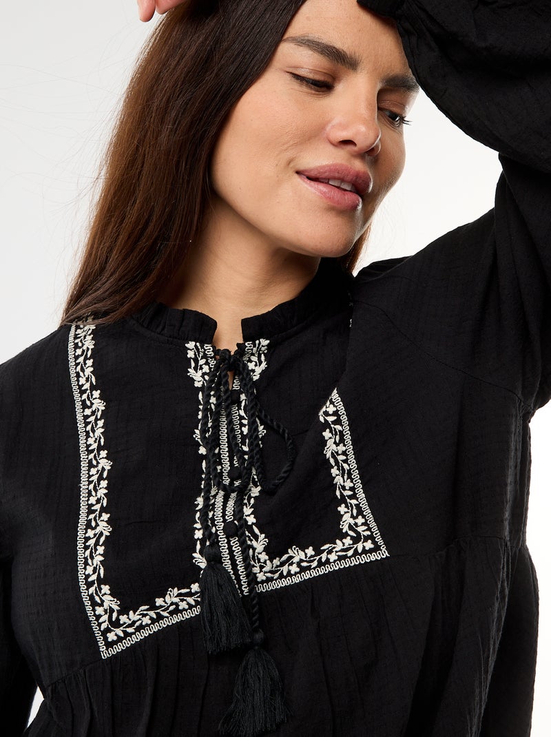 Blusa de maternidad bordada de gasa de algodón Negro - Kiabi