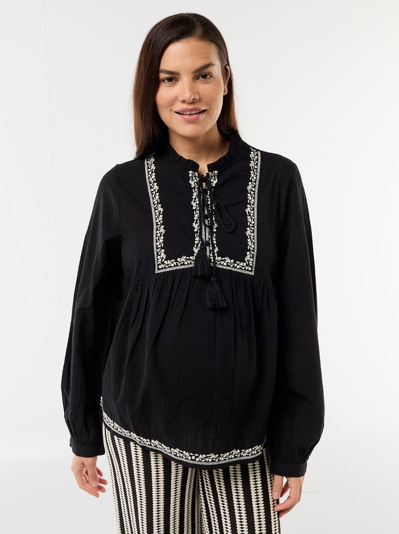 Blusa de maternidad bordada de gasa de algodón Negro - Kiabi