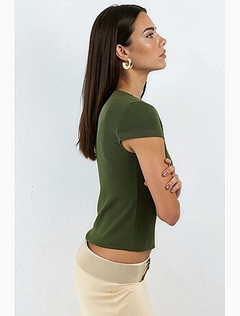 Blusa de mezcla de algodón con cuello redondo y manga corta busem