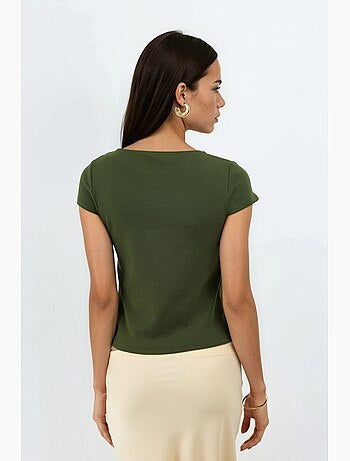 Blusa de mezcla de algodón con cuello redondo y manga corta busem