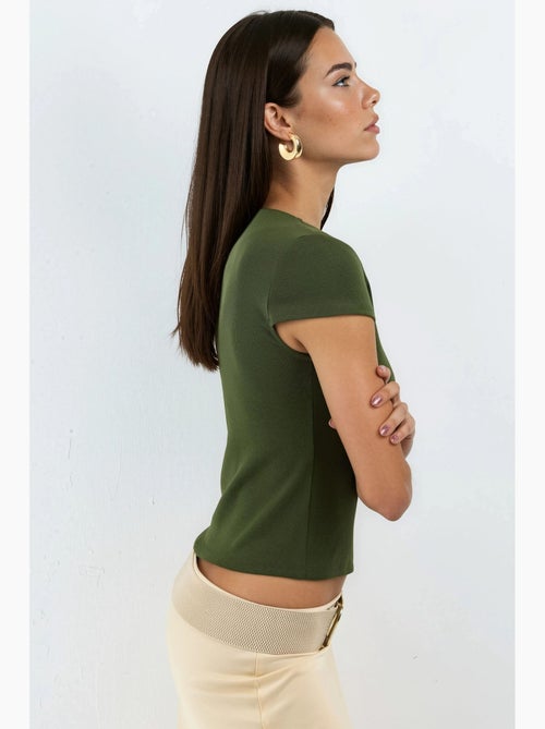 Blusa de mezcla de algodón con cuello redondo y manga corta busem - Kiabi Blusa de mezcla de algodón con cuello redondo y manga corta busem - Kiabi