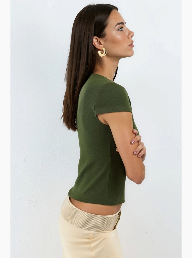 Blusa de mezcla de algodón con cuello redondo y manga corta busem Caqui - Kiabi