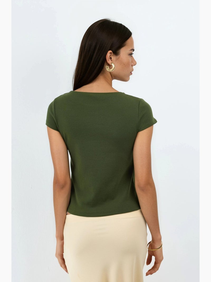 Blusa de mezcla de algodón con cuello redondo y manga corta busem Caqui - Kiabi